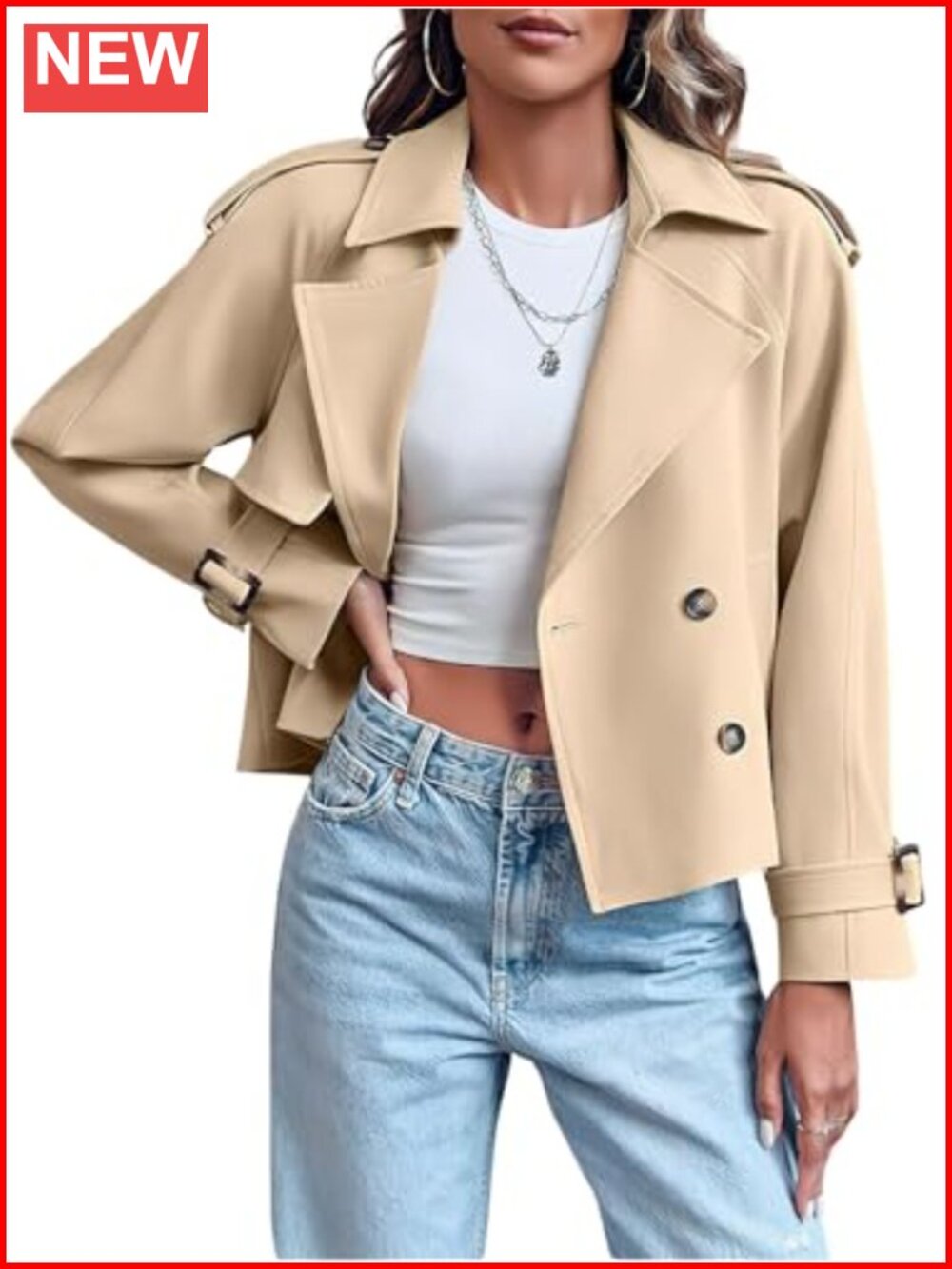Women's Double Breasted Short Trench Coat Lapel Loose Cropped Jacket